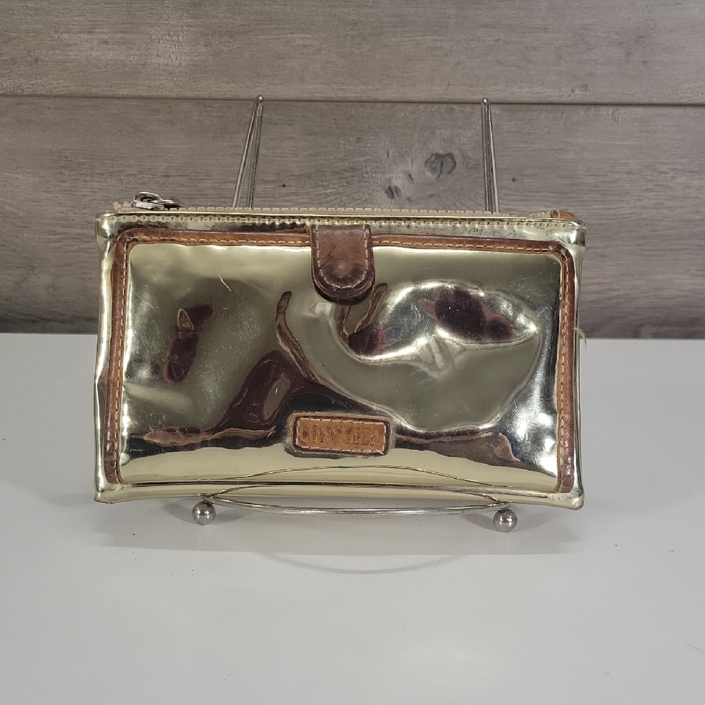 Consuela Metallic Gold PVC Clutch Wallet with Brown Leather Trim